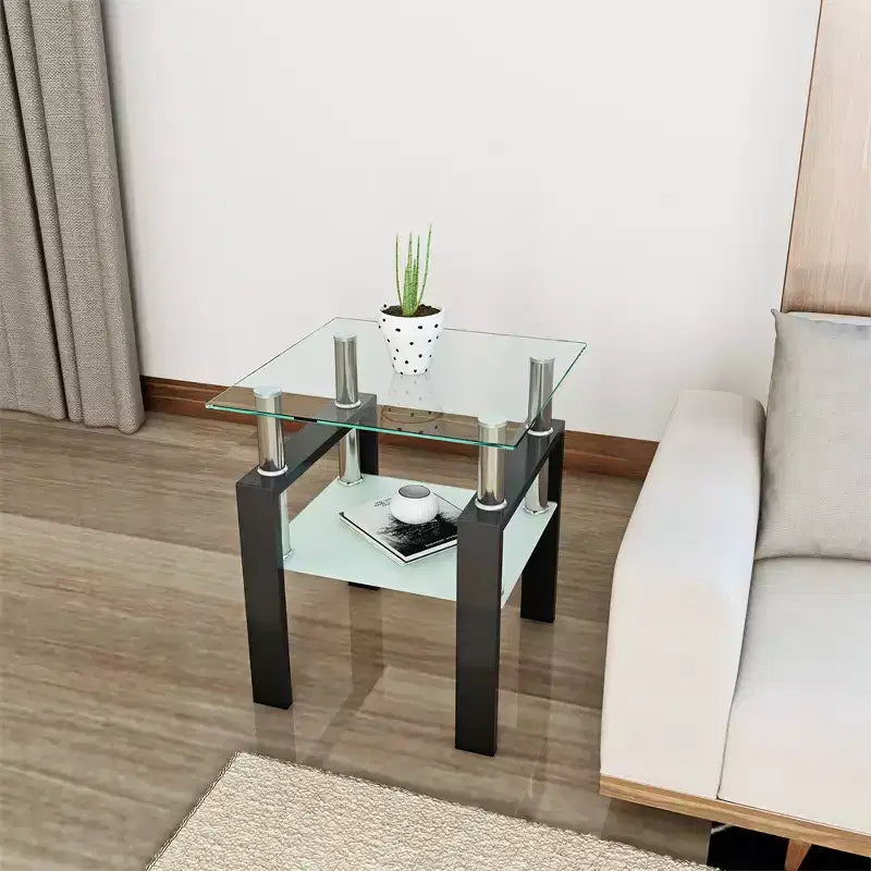 Mesa de centro cuadrada de cristal de 2 niveles con estante de almacenamiento, mesa de té moderna para sala de estar u oficina