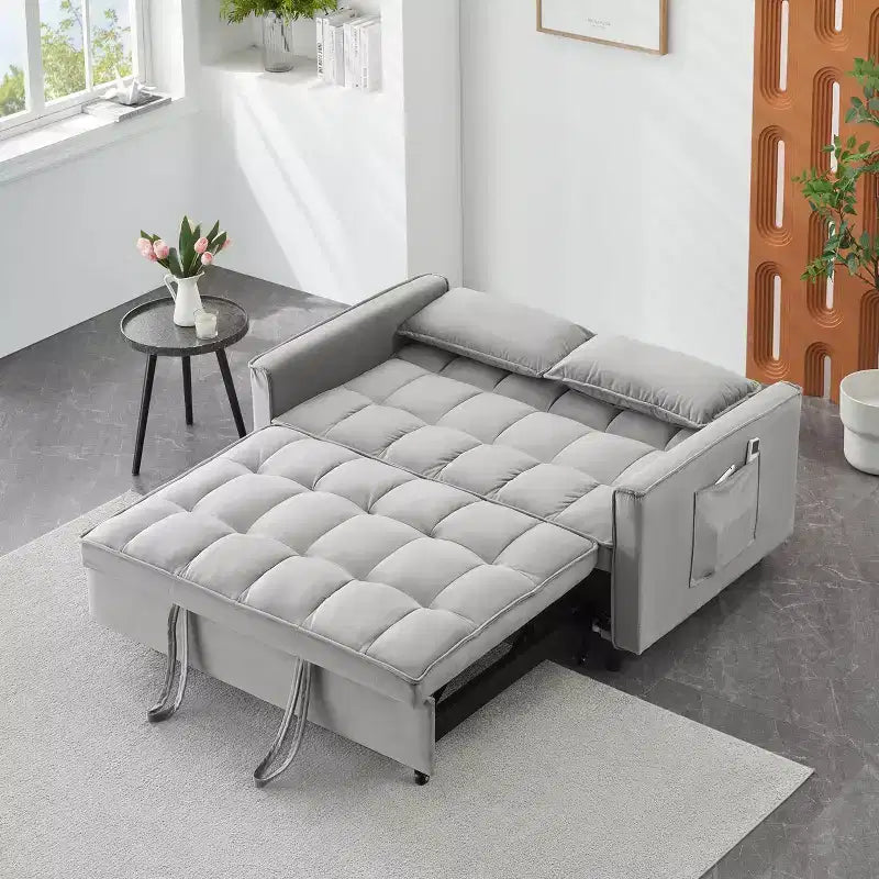 MAYEERTY Sofá cama moderno de terciopelo de dos plazas con almohadas y bolsillos para sala de estar o dormitorio, color gris