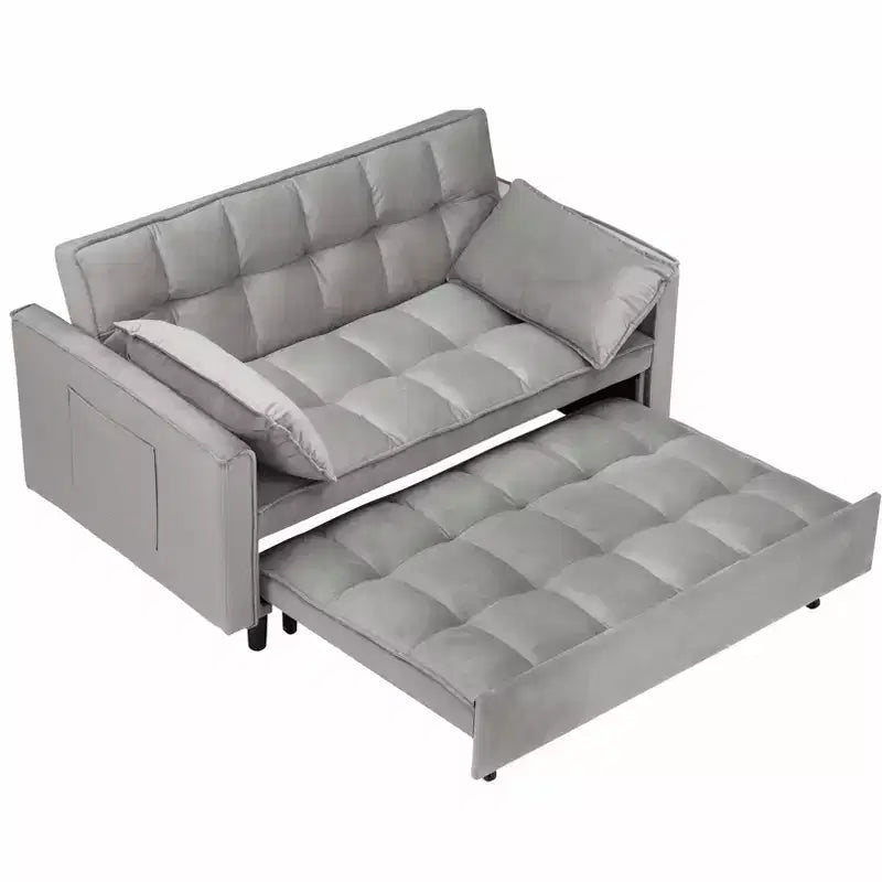 MAYEERTY Sofá cama moderno de terciopelo de dos plazas con almohadas y bolsillos para sala de estar o dormitorio, color gris