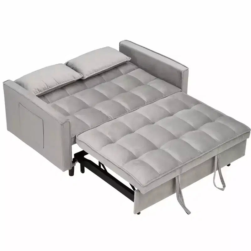 MAYEERTY Sofá cama moderno de terciopelo de dos plazas con almohadas y bolsillos para sala de estar o dormitorio, color gris