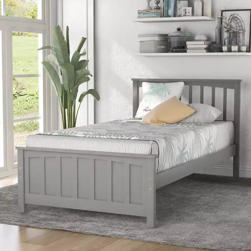Solid Wood Twin Size Platform Bed, Twin Wooden Bed Frame with Headboard for Bedroom