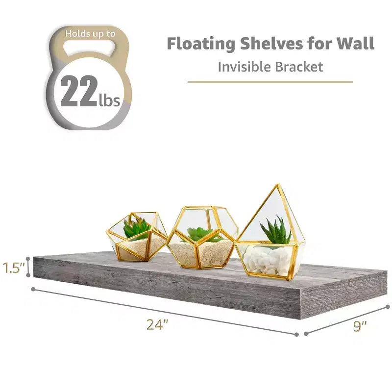 Juego de 3 estantes flotantes rectangulares Sorbus (24x9) con soportes invisibles - para dormitorio, decoración de cocina, estantes de baño
