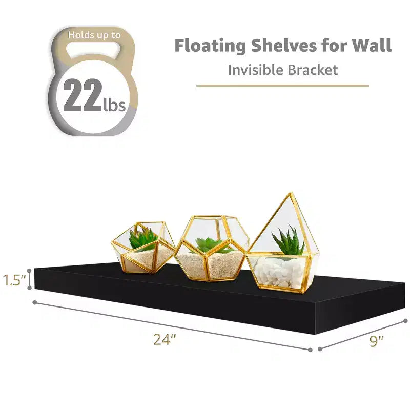 Juego de 3 estantes flotantes rectangulares Sorbus (24x9) con soportes invisibles - para dormitorio, decoración de cocina, estantes de baño