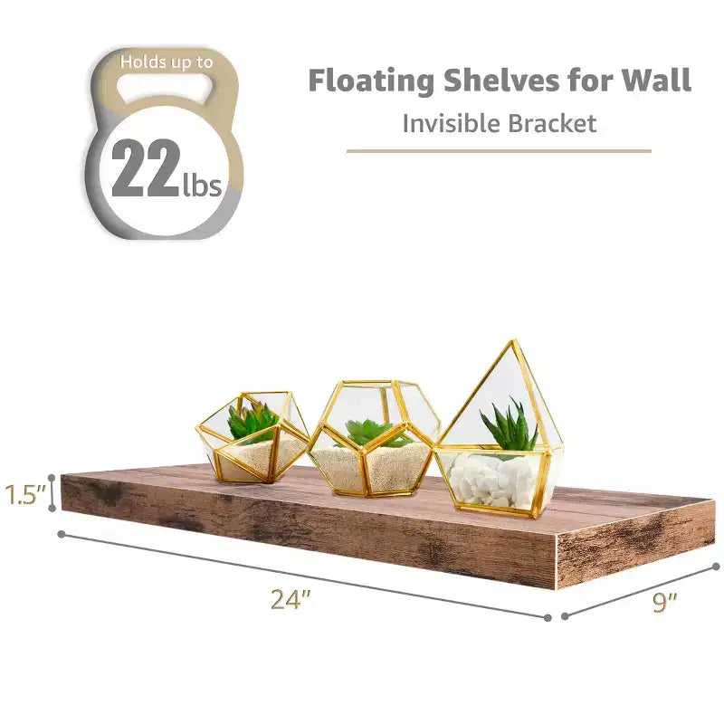 Juego de 3 estantes flotantes rectangulares Sorbus (24x9) con soportes invisibles - para dormitorio, decoración de cocina, estantes de baño