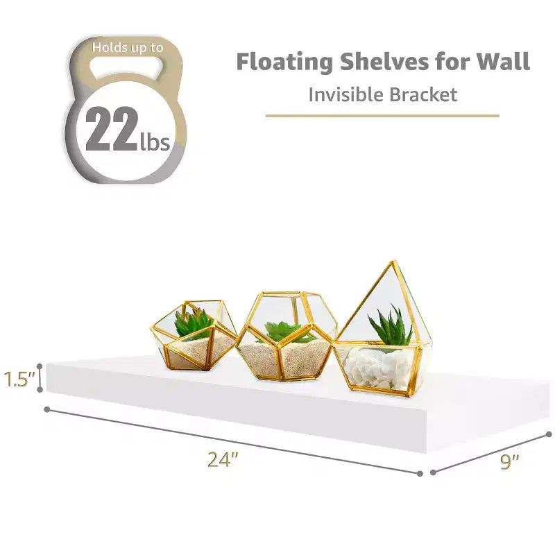 Juego de 3 estantes flotantes rectangulares Sorbus (24x9) con soportes invisibles - para dormitorio, decoración de cocina, estantes de baño