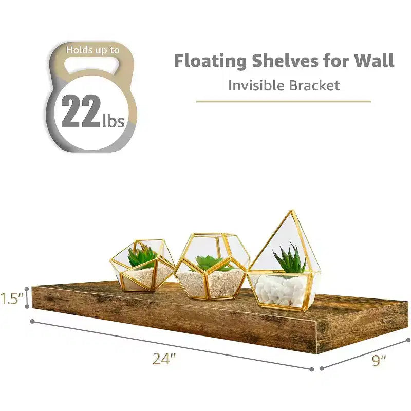 Juego de 3 estantes flotantes rectangulares Sorbus (24x9) con soportes invisibles - para dormitorio, decoración de cocina, estantes de baño