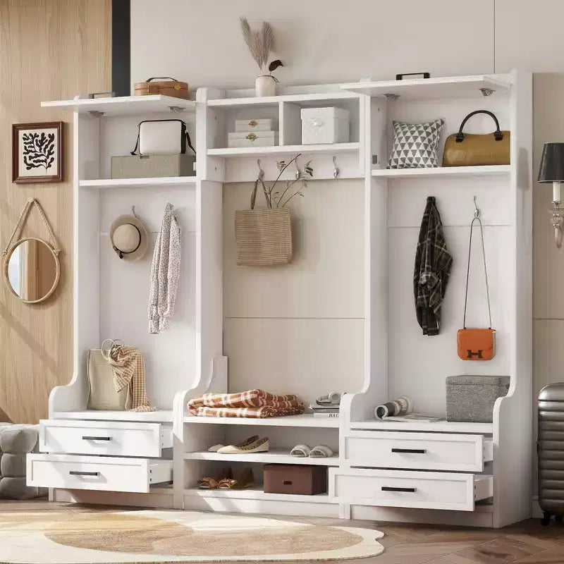 Perchero, Mueble recibidor con almacenaje de zapatos, Zapatero de estilo rústico con 3 cajones, 7 ganchos para abrigos, Organizador de zapatos independiente para entrada, pasillo, armario