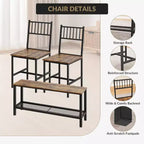 Juego de mesa de comedor de estilo rústico moderno de 47" para 4 personas, incluye banco y sillas, estructura de metal con estante de almacenamiento, diseño que ahorra espacio para cocina y comedor