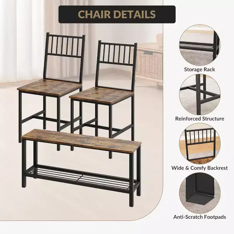 Juego de mesa de comedor de estilo rústico moderno de 47" para 4 personas, incluye banco y sillas, estructura de metal con estante de almacenamiento, diseño que ahorra espacio para cocina y comedor