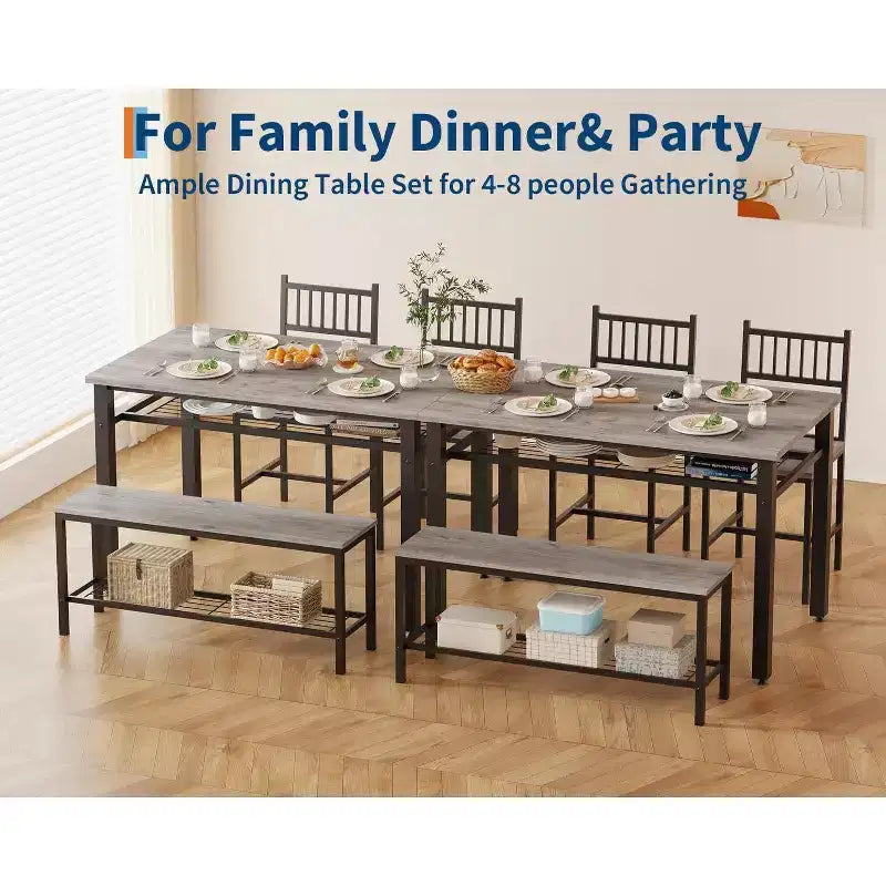 Juego de mesa de comedor de estilo rústico moderno de 47" para 4 personas, incluye banco y sillas, estructura de metal con estante de almacenamiento, diseño que ahorra espacio para cocina y comedor