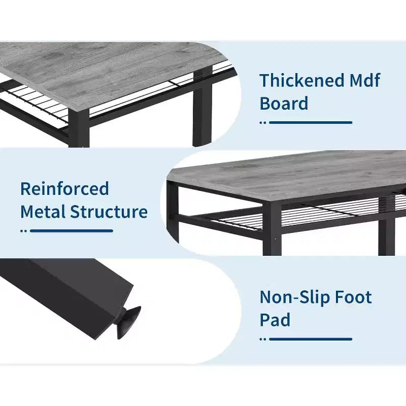 Juego de mesa de comedor de estilo rústico moderno de 47" para 4 personas, incluye banco y sillas, estructura de metal con estante de almacenamiento, diseño que ahorra espacio para cocina y comedor