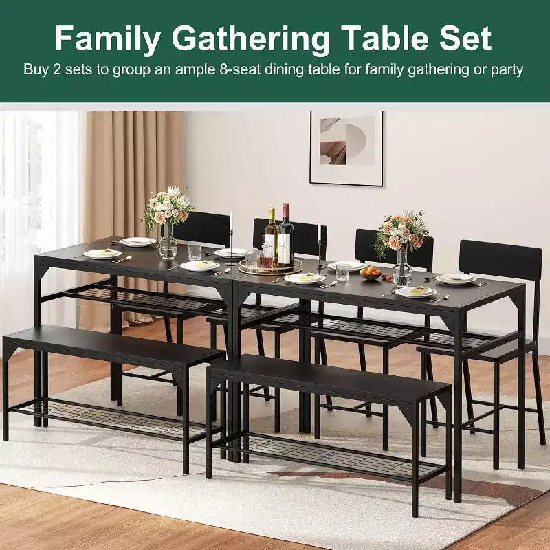 Juego de mesa de comedor de estilo rústico moderno de 47" para 4 personas, incluye banco y sillas, estructura de metal con estante de almacenamiento, diseño que ahorra espacio para cocina y comedor