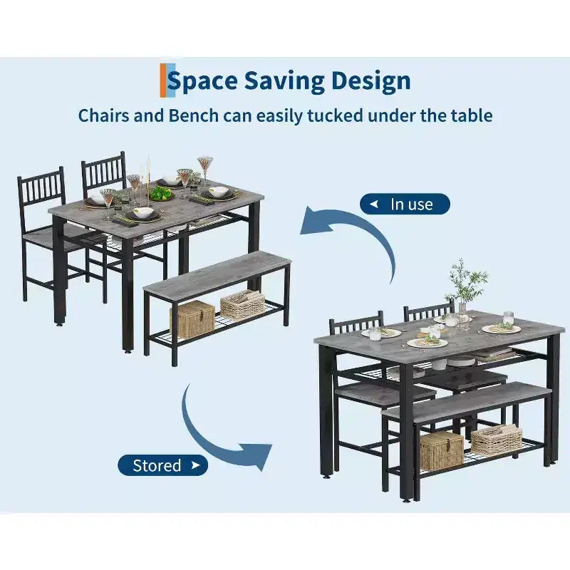Juego de mesa de comedor de estilo rústico moderno de 47" para 4 personas, incluye banco y sillas, estructura de metal con estante de almacenamiento, diseño que ahorra espacio para cocina y comedor