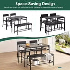 Juego de mesa de comedor de estilo rústico moderno de 47" para 4 personas, incluye banco y sillas, estructura de metal con estante de almacenamiento, diseño que ahorra espacio para cocina y comedor