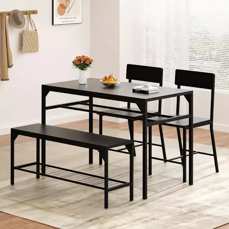 Juego de mesa de comedor de estilo rústico moderno de 47" para 4 personas, incluye banco y sillas, estructura de metal con estante de almacenamiento, diseño que ahorra espacio para cocina y comedor
