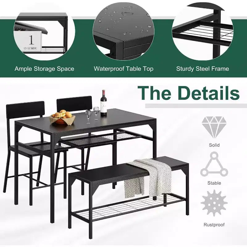 Juego de mesa de comedor de estilo rústico moderno de 47" para 4 personas, incluye banco y sillas, estructura de metal con estante de almacenamiento, diseño que ahorra espacio para cocina y comedor