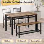 Juego de mesa de comedor de estilo rústico moderno de 47" para 4 personas, incluye banco y sillas, estructura de metal con estante de almacenamiento, diseño que ahorra espacio para cocina y comedor