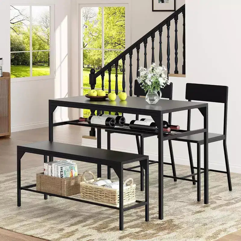 47 Modern Farmhouse Dining Table Set for 4, Includes Bench & Chairs, Metal Frame with Storage Shelf, Space-Saving Design for Kitchen, Dining Room