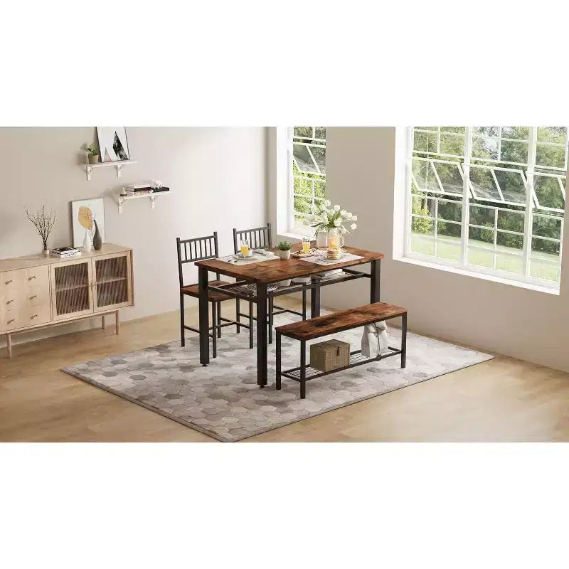 Juego de mesa de comedor de estilo rústico moderno de 47" para 4 personas, incluye banco y sillas, estructura de metal con estante de almacenamiento, diseño que ahorra espacio para cocina y comedor