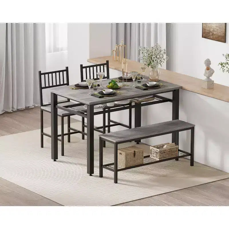 Juego de mesa de comedor de estilo rústico moderno de 47" para 4 personas, incluye banco y sillas, estructura de metal con estante de almacenamiento, diseño que ahorra espacio para cocina y comedor