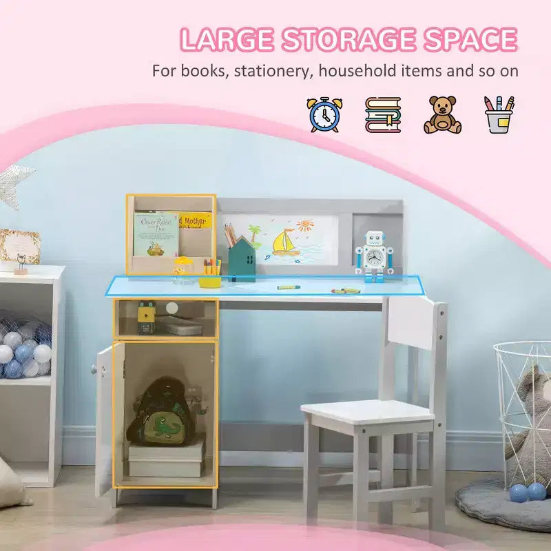 Juego de escritorio y silla Whisen para niños y niños pequeños, escritorio de estudio para niños, muebles infantiles con pizarra blanca - Gris