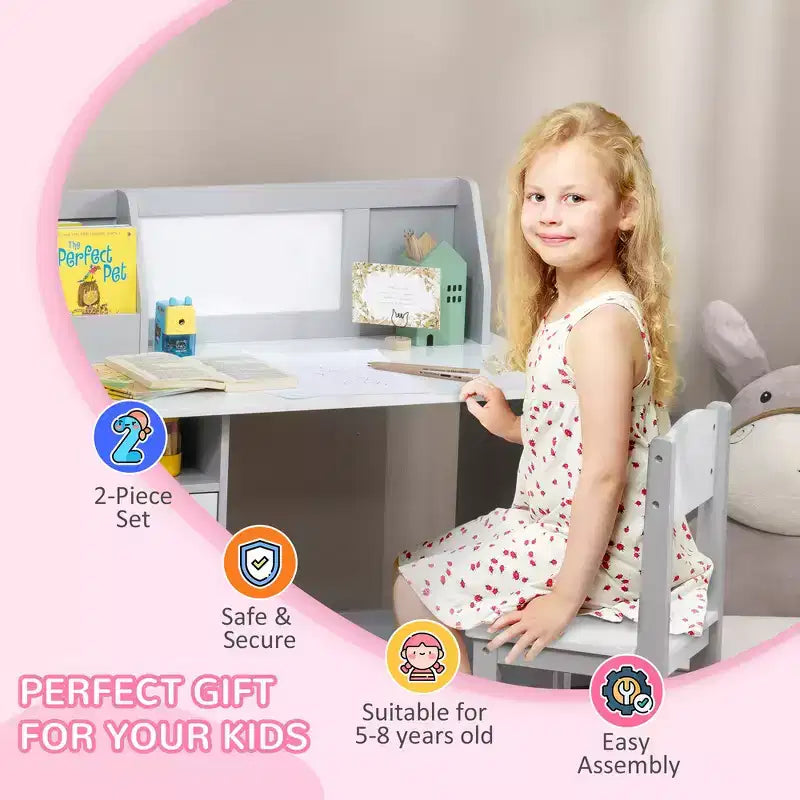 Juego de escritorio y silla Whisen para niños y niños pequeños, escritorio de estudio para niños, muebles infantiles con pizarra blanca - Gris