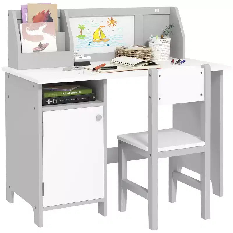 Juego de escritorio y silla Whisen para niños y niños pequeños, escritorio de estudio para niños, muebles infantiles con pizarra blanca - Gris