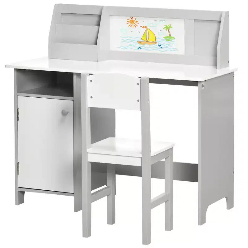 Juego de escritorio y silla Whisen para niños y niños pequeños, escritorio de estudio para niños, muebles infantiles con pizarra blanca - Gris