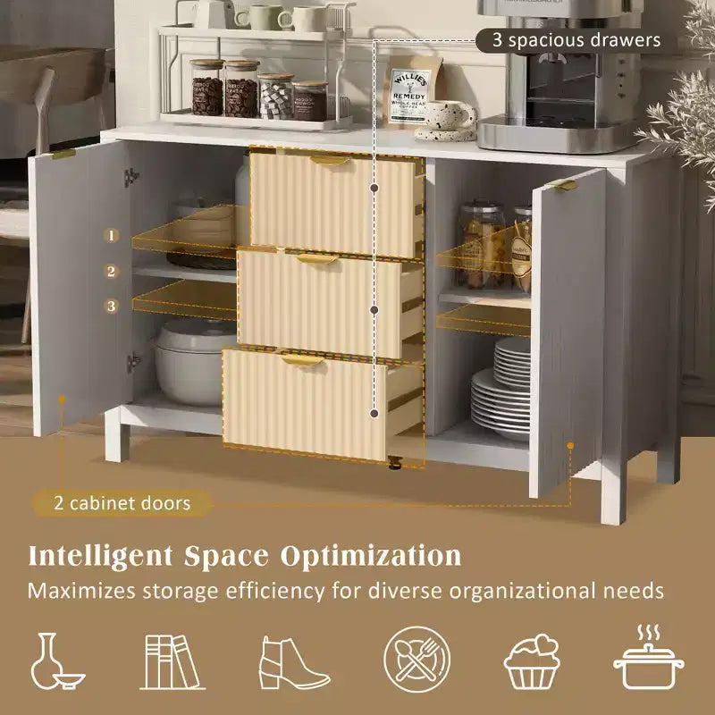 Aparador Clihome con diseño ondulado - 3 estantes ajustables, 3 cajones y puertas de cierre suave, mesa consola de almacenamiento con tiradores de metal