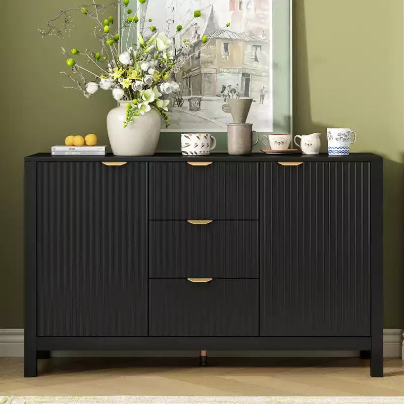 Aparador Clihome con diseño ondulado - 3 estantes ajustables, 3 cajones y puertas de cierre suave, mesa consola de almacenamiento con tiradores de metal