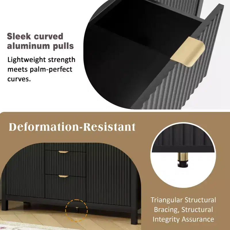 Aparador Clihome con diseño ondulado - 3 estantes ajustables, 3 cajones y puertas de cierre suave, mesa consola de almacenamiento con tiradores de metal