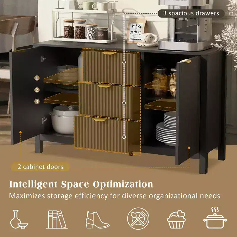 Aparador Clihome con diseño ondulado - 3 estantes ajustables, 3 cajones y puertas de cierre suave, mesa consola de almacenamiento con tiradores de metal