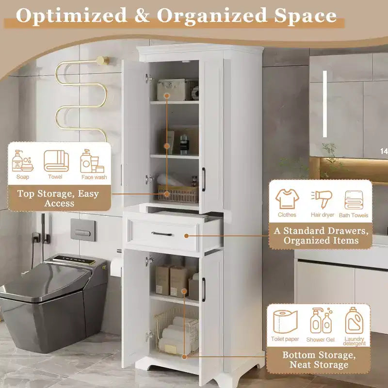 Armario de almacenamiento de baño independiente con cajón, estantes ajustables, puertas con bisagras amortiguadas, acabado pintado duradero, blanco - ModernLuxe