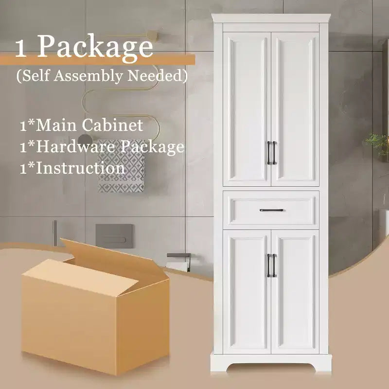 Armario de almacenamiento de baño independiente con cajón, estantes ajustables, puertas con bisagras amortiguadas, acabado pintado duradero, blanco - ModernLuxe