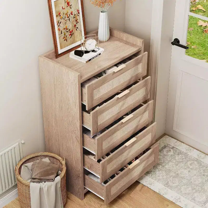 Cómoda bohemia de 5 cajones de ratán para dormitorio, mueble grande de madera con cajones para ropa, organizador de mesita de noche para pasillo, sala de estar