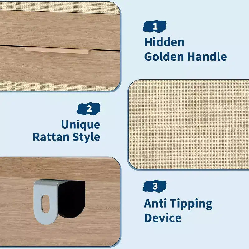 Cómoda bohemia de 5 cajones de ratán para dormitorio, mueble grande de madera con cajones para ropa, organizador de mesita de noche para pasillo, sala de estar