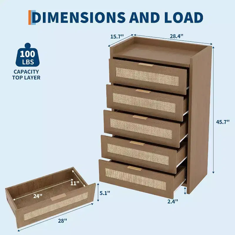 Cómoda bohemia de 5 cajones de ratán para dormitorio, mueble grande de madera con cajones para ropa, organizador de mesita de noche para pasillo, sala de estar