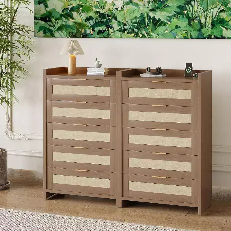 Cómoda bohemia de 5 cajones de ratán para dormitorio, mueble grande de madera con cajones para ropa, organizador de mesita de noche para pasillo, sala de estar