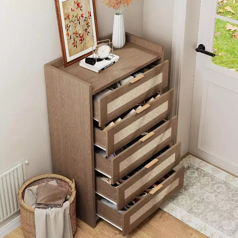 Cómoda bohemia de 5 cajones de ratán para dormitorio, mueble grande de madera con cajones para ropa, organizador de mesita de noche para pasillo, sala de estar
