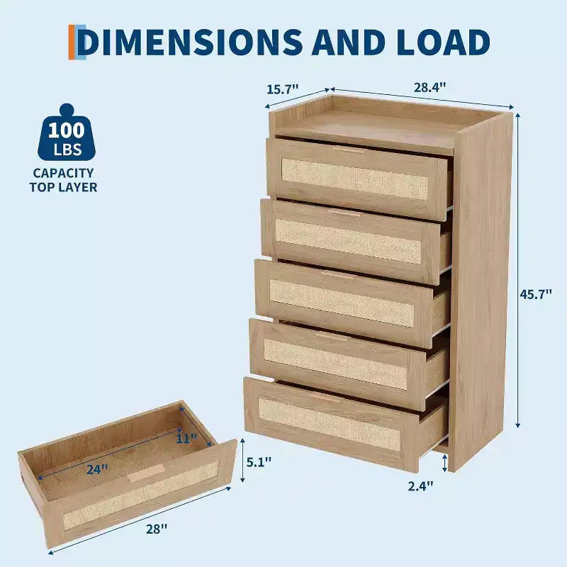 Cómoda bohemia de 5 cajones de ratán para dormitorio, mueble grande de madera con cajones para ropa, organizador de mesita de noche para pasillo, sala de estar