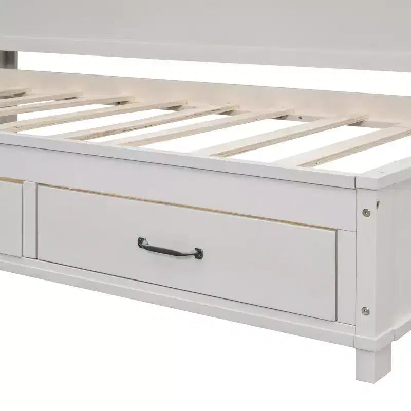Cama nido con 3 cajones de almacenamiento y tomas de corriente y puertos USB, estructura de madera con tablero superior blando para dormitorio de invitados, blanco