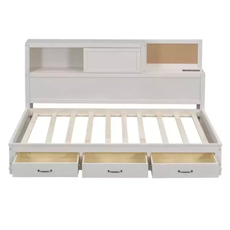 Cama nido con 3 cajones de almacenamiento y tomas de corriente y puertos USB, estructura de madera con tablero superior blando para dormitorio de invitados, blanco