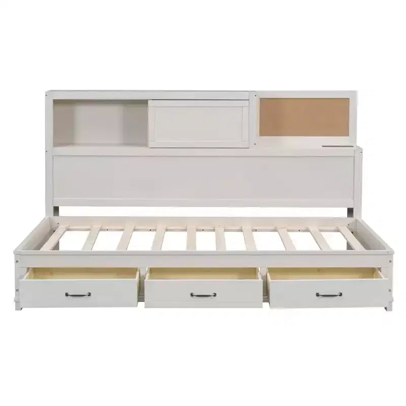 Cama nido con 3 cajones de almacenamiento y tomas de corriente y puertos USB, estructura de madera con tablero superior blando para dormitorio de invitados, blanco
