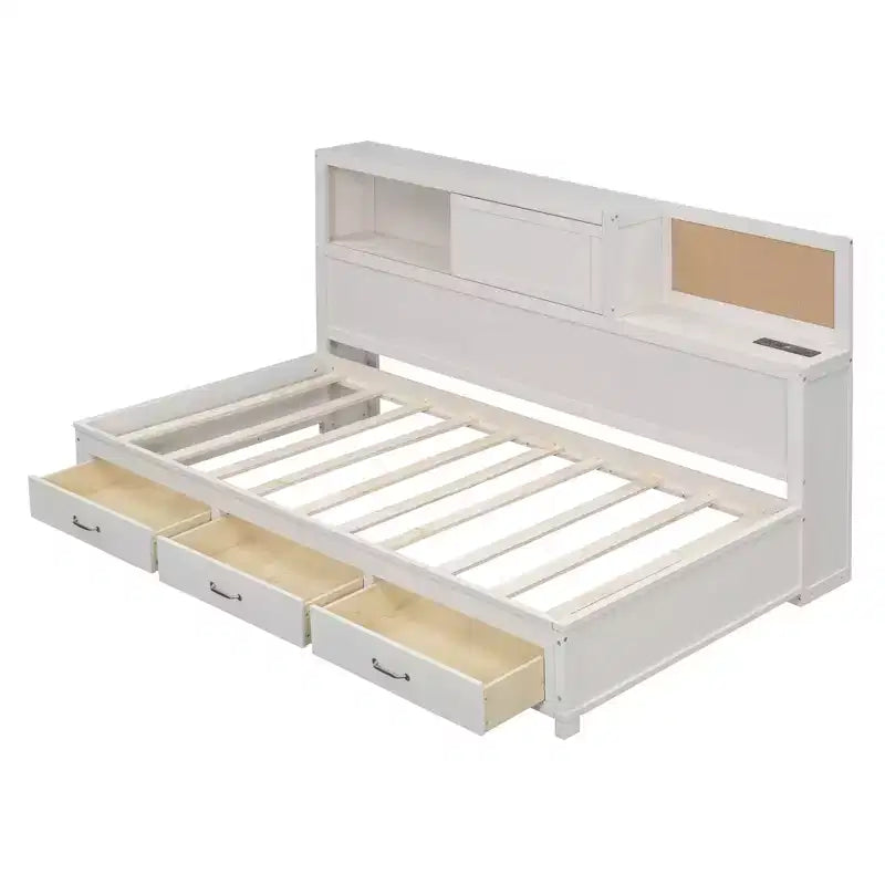Cama nido con 3 cajones de almacenamiento y tomas de corriente y puertos USB, estructura de madera con tablero superior blando para dormitorio de invitados, blanco