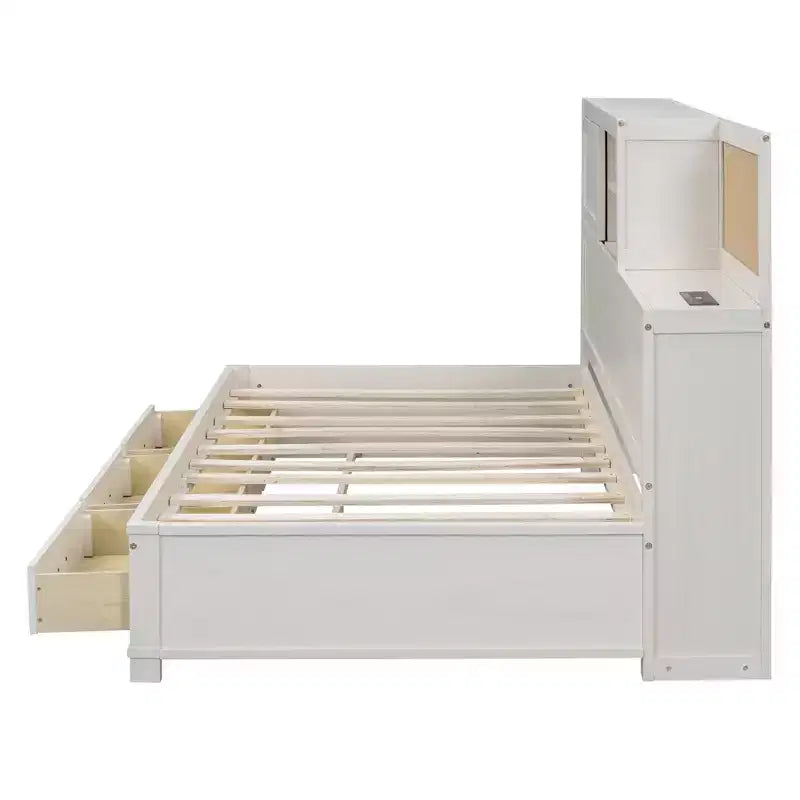 Cama nido con 3 cajones de almacenamiento y tomas de corriente y puertos USB, estructura de madera con tablero superior blando para dormitorio de invitados, blanco