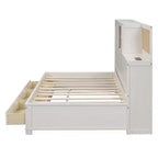 Cama nido con 3 cajones de almacenamiento y tomas de corriente y puertos USB, estructura de madera con tablero superior blando para dormitorio de invitados, blanco