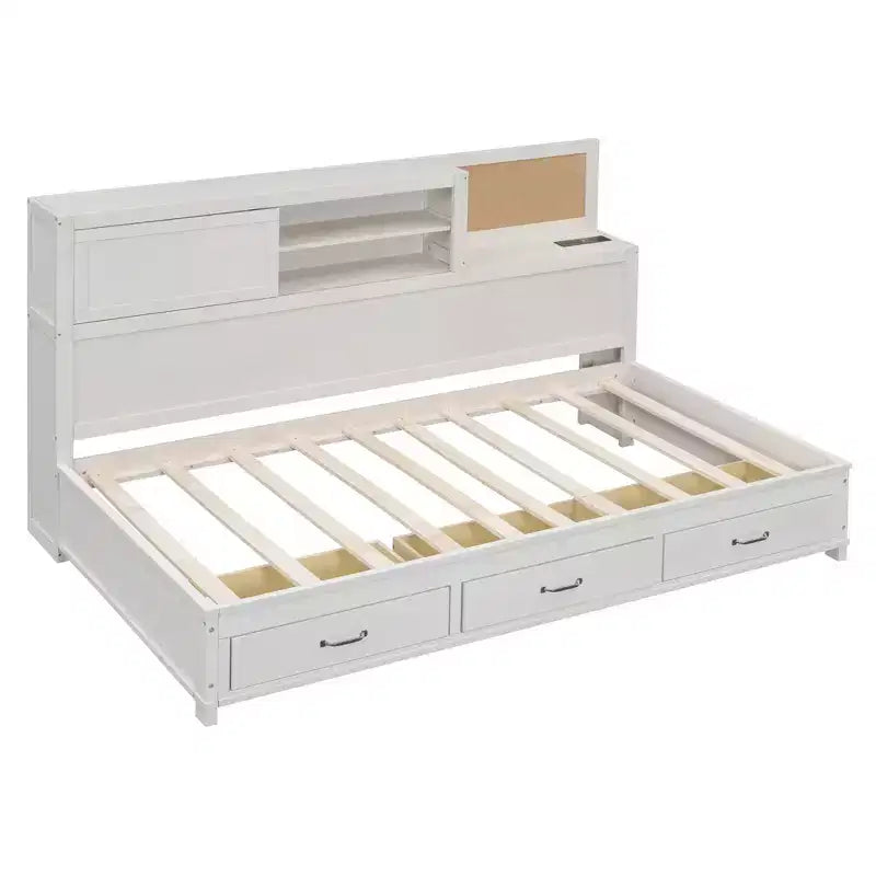 Cama nido con 3 cajones de almacenamiento y tomas de corriente y puertos USB, estructura de madera con tablero superior blando para dormitorio de invitados, blanco