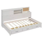 Cama nido con 3 cajones de almacenamiento y tomas de corriente y puertos USB, estructura de madera con tablero superior blando para dormitorio de invitados, blanco