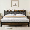 King Bed Frame with Headboard, Vintage Platform Bed with Charging Station & Storage Shelf, No Box Spring Needed, Grey & Brown