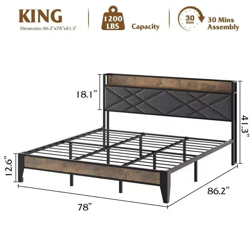 Marco de cama King con cabecero, cama tipo plataforma vintage con estación de carga y estante de almacenamiento, no necesita somier, gris y marrón